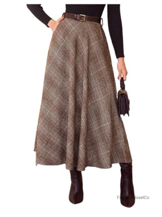 Dresses & Skirts - High Waisted Plaid A-Line Long Skirt with Belt Business Casual